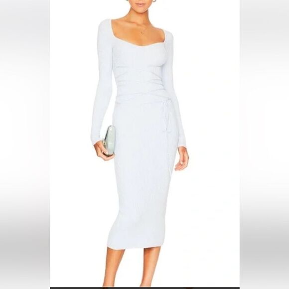 LPA Revolve Rhody knit midi tie dress pale blue ribbed sheath bodycon Sz M flaw - Picture 1 of 13
